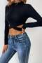 Women's Black Cross Waist Detailed Stand Collar Long Sleeve Crop Top Blouse - 4