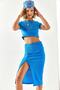 Women's Blue Top Crop Blouse Bottom Asymmetrical Slit Suit TKM-19000220 - 8