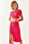 Women's Fuchsia Top Crop Blouse Bottom Asymmetrical Slit Suit TKM-19000220 - 6