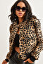 Women's Leopard Camel Pocketed Snap Closure Fleece-Lined Cropped Jacket CKT-19000365 - 3