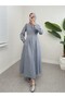 Half Buttoned Linen Dress with Elastic Waist - Ice Blue - 3
