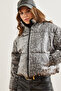 Women's Gray Leopard Print Shiny Puffer Jacket with Pockets Mnt- 19000046 - 6