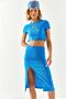 Women's Blue Top Crop Blouse Bottom Asymmetrical Slit Suit TKM-19000220 - 6
