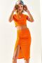 Women's Orange Top Crop Blouse Bottom Asymmetrical Slit Suit TKM-19000220
