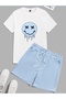 Unisex White Printed T-Shirt - Baby Blue Shorts - Summer