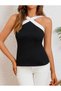 Women's Black and White Cross Strap Viscose Blouse – Stylish Summer Model with Terikoton Detail - 6