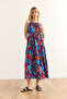Women's Blue Red Halter Neck Belted Woven Viscon Dress Elb-19001548 - 5