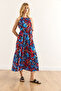 Women's Blue Red Halter Neck Belted Woven Viscon Dress Elb-19001548 - 4