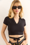 Women's Black Polo Neck Lacing Detailed Polyviscon Crop Blouse Blz-19002960 - 4