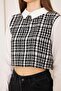 Women's Black Tweed Shirt Collar Crop Blouse Dm9002 - 3