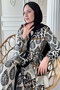 Belted Leaf Pattern Black Viscose Dress with Colorful Patches - 6