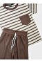 Boy's Cotton Brown Striped Pocket Waffle Fabric Short Sleeve Shorts Summer Suit - 3