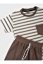 Boy's Cotton Brown Striped Pocket Waffle Fabric Short Sleeve Shorts Summer Suit - 4
