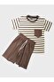 Boy's Cotton Brown Striped Pocket Waffle Fabric Short Sleeve Shorts Summer Suit - 2