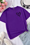 Unisex Heart Printed Relaxed Cut Purple T-Shirt
