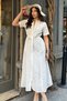 Women's Black Lotus Flower Pattern Pocket and Belt Detail Lined Short Sleeve Cotton Scallop Midi Shirt Dress - 3