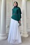 Stone Detailed Emerald Green Dress with Tulle Skirt - 2