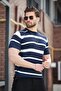 Navy Blue Striped Crew Neck Knitwear T-Shirt E7414