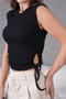 Women's Crew Neck Side Gathered Ribbed Sleeveless Knitted Tshirt - 5