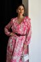 Pink Floral Print Ruffled V-Neck Lined Chiffon Dress with Belt - 2