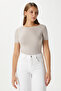 Women's Velvet Boat Neck Lux Touch Soft Texture Short Sleeve Beige Blouse - 7