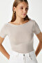Women's Velvet Boat Neck Lux Touch Soft Texture Short Sleeve Beige Blouse - 5