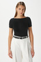 Women's Velvet Boat Neck Lux Touch Soft Texture Short Sleeve Black Blouse - 2