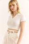 Women's Ecru Polo Neck Lacing Detailed Polyviscon Crop Blouse Blz-19002960 - 2