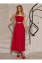 Women's Strappy Gathered Stone Slit Detailed Long Dress - 4