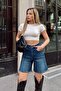 Navy Blue High Waist Women's Fit Denim Shorts - 3