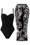 Women's Gathering Draped Swimsuit Black Leaf Pattern Pareo Set of 2 Stylish and Slimming Effect