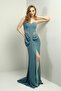 Women's Beaded Detailed Waist Transparent Lined Long Strapless Dress