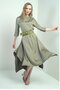 Women's Quarter Sleeve Asymmetrical Crepe Satin Midi Dress with Belt at Waist