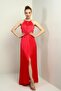 Women's Rope Strap Halter Neck Waist Belted Front Slit Ribbed Satin Long Dress - 3