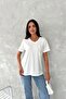 Women's White V-Neck Beads and Sequins Embroidered Ribbon Pattern 100% Cotton T-Shirt - 5