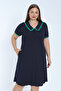 Women's Navy Blue Polka Dot Bias Pocket Plus Size Short Sleeve Cotton Dress