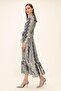 Pleated Paisley Pattern Slim Satin Dress Dark Blue 9343-E - 7