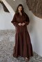 Bat Sleeve Button Detailed Muslin Casual Dress Brown 9330-E - 5