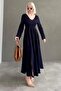 Navy Blue V-Neck Long Sleeve Slit Dress Sh228 - 4