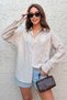 Women Shirt Loose Fit Boyfriend Beige Thick Striped Shirt Single Pocket Long Sleeve - 4