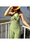 Women's Khaki Summer Wrap Fabric Degaje Collar Bottom Top Set - Strap Blouse & Wide Leg Pants - 3