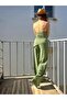 Women's Khaki Summer Wrap Fabric Degaje Collar Bottom Top Set - Strap Blouse & Wide Leg Pants - 2