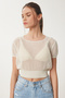 Women's Cream Openwork Summer Crop Knitwear Blouse Za00076 - 3