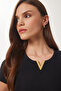 Women's Black Gold Accessory Ribbed Knitted Blouse Zv00297 - 2