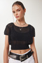 Women's Black Openwork Summer Crop Knitwear Blouse Za00076