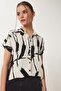 Women's Black Bone Patterned Short Sleeve Viscose Shirt En00640 - 2