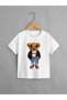 Teddy Bear Print Detailed Short Sleeve 100% Cotton White Children's T-Shirt