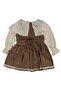 Girl's Ecru Brown Plaid Patterned Collared Scalloped Flower Embroidered Dress - 6