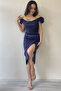 Women's Off Shoulder Satin Draped Midi Length Evening Dress with Slit Black, Navy Blue, White