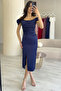 Women's Off Shoulder Satin Draped Midi Length Evening Dress with Slit Black, Navy Blue, White - 2